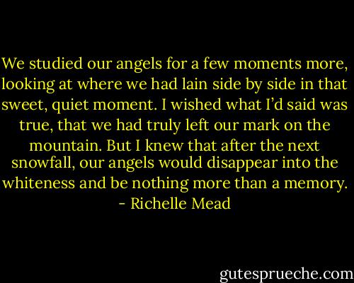 We studied our angels for a few moments more, looking at where we had lain side by side in that sweet, quiet moment. I wished what I’d said was true, that we had truly left our mark on the mountain. But I knew that after the next snowfall, our angels would disappear into the whiteness and be nothing more than a memory. - Richelle Mead