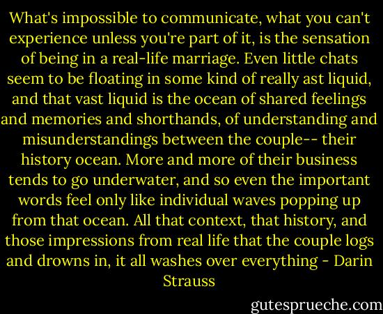 What's impossible to communicate, what you can't experience unless you're part of it, is the sensation of being in a real-life marriage. Even little chats seem to be floating in some kind of really ast liquid, and that vast liquid is the ocean of shared feelings and memories and shorthands, of understanding and misunderstandings between the couple-- their history ocean. More and more of their business tends to go underwater, and so even the important words feel only like individual waves popping up from that ocean. All that context, that history, and those impressions from real life that the couple logs and drowns in, it all washes over everything - Darin Strauss