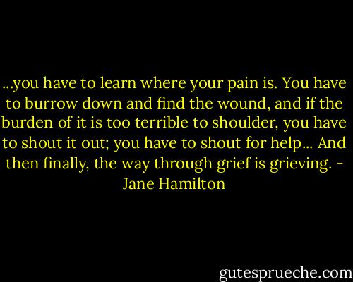 ...you have to learn where your pain is. You have to burrow down and find the wound, and if the burden of it is too terrible to shoulder, you have to shout it out; you have to shout for help... And then finally, the way through grief is grieving. - Jane Hamilton
