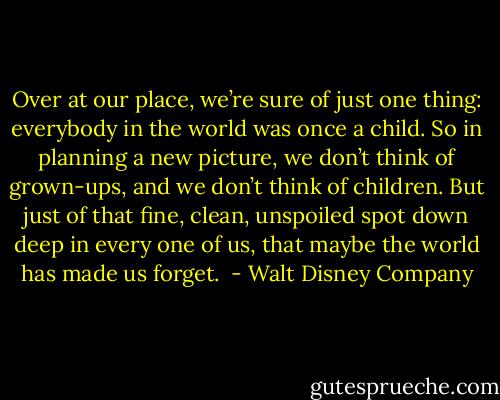 Over at our place, we’re sure of just one thing: everybody in the world was once a child. So in planning a new picture, we don’t think of grown-ups, and we don’t think of children. But just of that fine, clean, unspoiled spot down deep in every one of us, that maybe the world has made us forget.  - Walt Disney Company