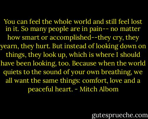 You can feel the whole world and still feel lost in it. So many people are in pain-- no matter how smart or accomplished--they cry, they yearn, they hurt. But instead of looking down on things, they look up, which is where I should have been looking, too. Because when the world quiets to the sound of your own breathing, we all want the same things: comfort, love and a peaceful heart. - Mitch Albom