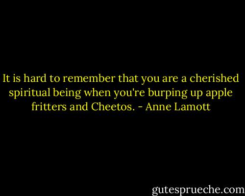 It is hard to remember that you are a cherished spiritual being when you're burping up apple fritters and Cheetos. - Anne Lamott