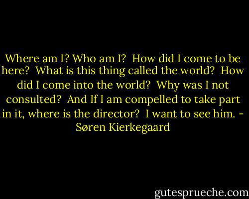 Where am I? Who am I? <br />How did I come to be here? <br />What is this thing called the world? <br />How did I come into the world? <br />Why was I not consulted? <br />And If I am compelled to take part in it, where is the director? <br />I want to see him. - Søren Kierkegaard