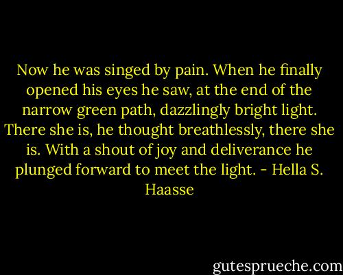 Now he was singed by pain. When he finally opened his eyes he saw, at the end of the narrow green path, dazzlingly bright light. There she is, he thought breathlessly, there she is. With a shout of joy and deliverance he plunged forward to meet the light. - Hella S. Haasse