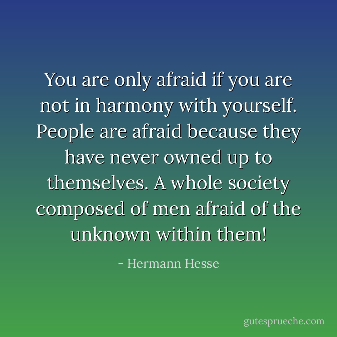 You are only afraid if you are not in harmony with yourself. People are afraid because they have never owned up to themselves. A whole society composed of men afraid of the unknown within them! - Hermann Hesse