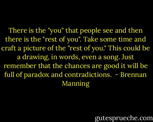 There is the "you" that people see and then there is the "rest of you". Take some time and craft a picture of the "rest of you." This could be a drawing, in words, even a song. Just remember that the chances are good it will be full of paradox and contradictions.  - Brennan Manning