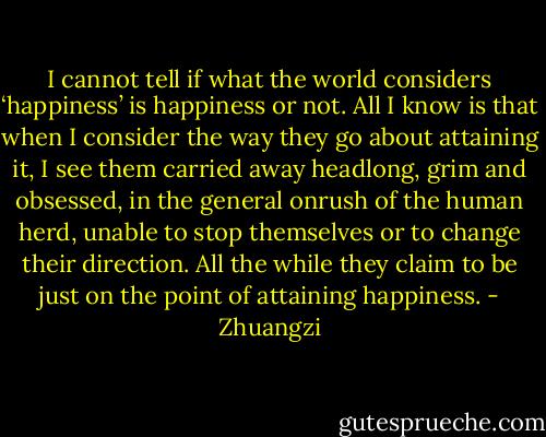 I cannot tell if what the world considers ‘happiness’ is happiness or not. All I know is that when I consider the way they go about attaining it, I see them carried away headlong, grim and obsessed, in the general onrush of the human herd, unable to stop themselves or to change their direction. All the while they claim to be just on the point of attaining happiness. - Zhuangzi