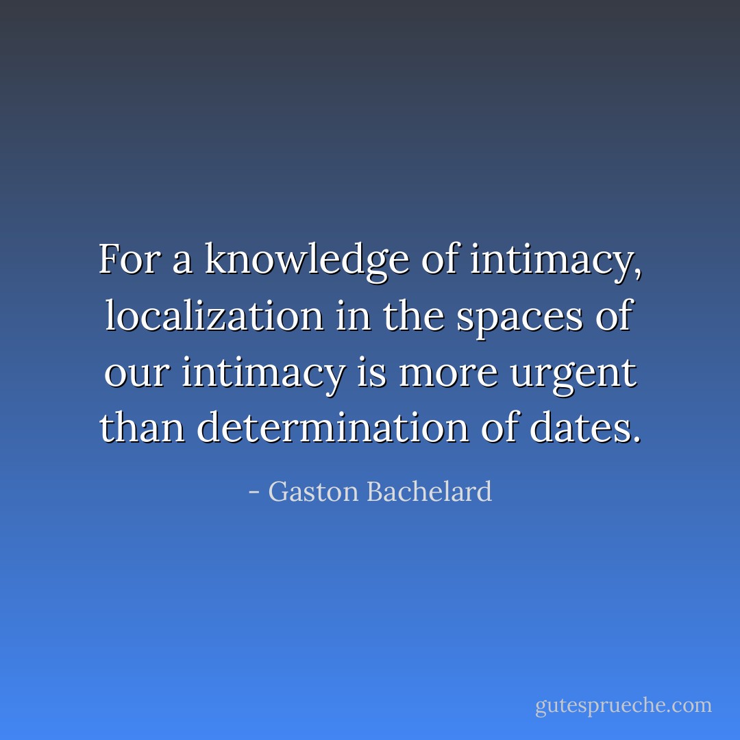 For a knowledge of intimacy, localization in the spaces of our intimacy is more urgent than determination of dates. - Gaston Bachelard