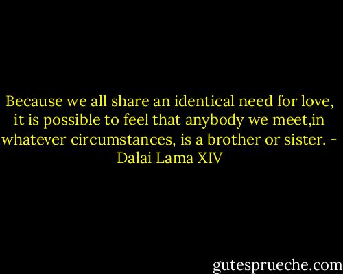Because we all share an identical need for love, it is possible to feel that anybody we meet,in whatever circumstances, is a brother or sister. - Dalai Lama XIV