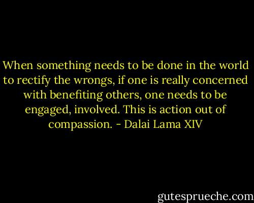 When something needs to be done in the world to rectify the wrongs, if one is really concerned with benefiting others, one needs to be engaged, involved. This is action out of compassion. - Dalai Lama XIV