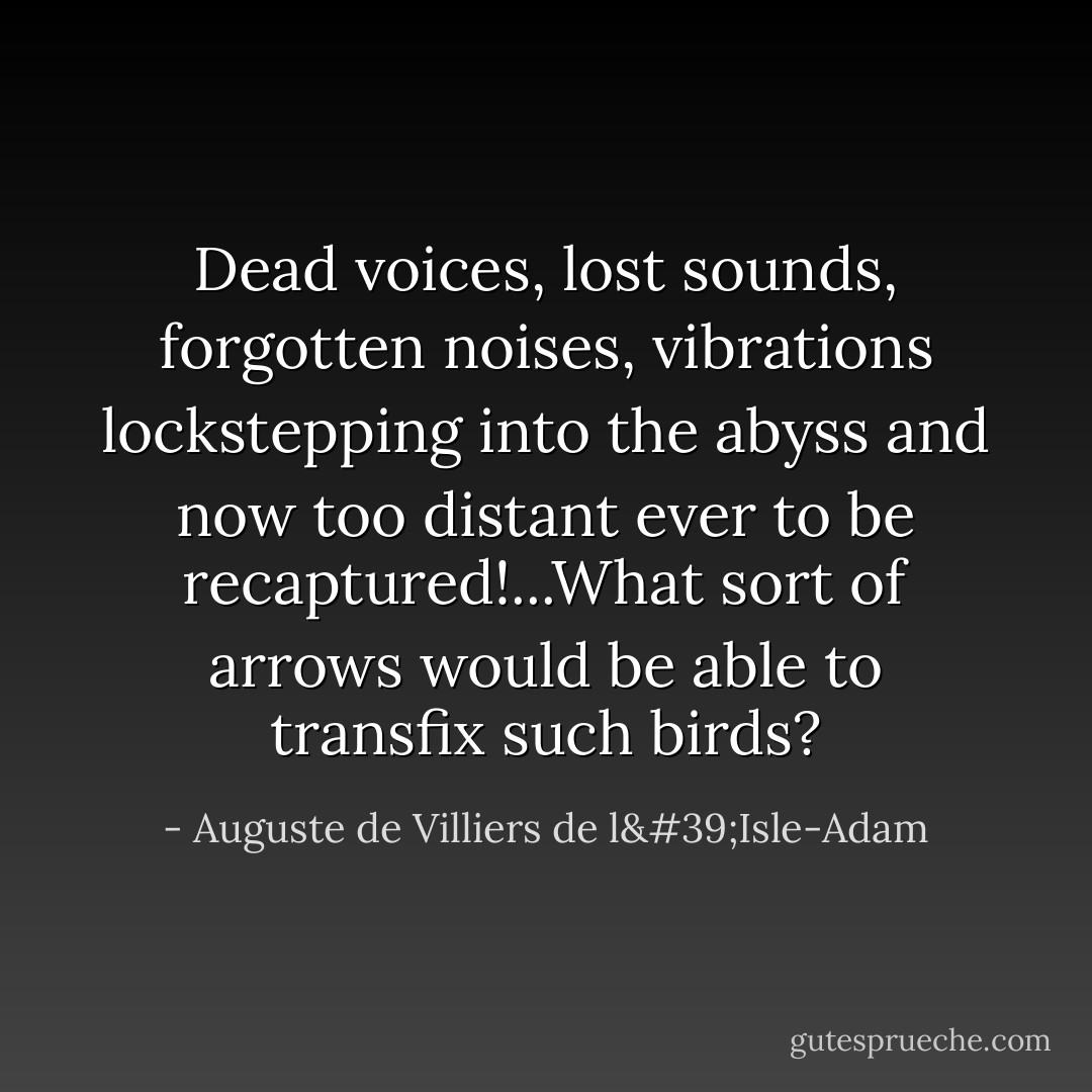Dead voices, lost sounds, forgotten noises, vibrations lockstepping into the abyss and now too distant ever to be recaptured!...What sort of arrows would be able to transfix such birds? - Auguste de Villiers de l'Isle-Adam