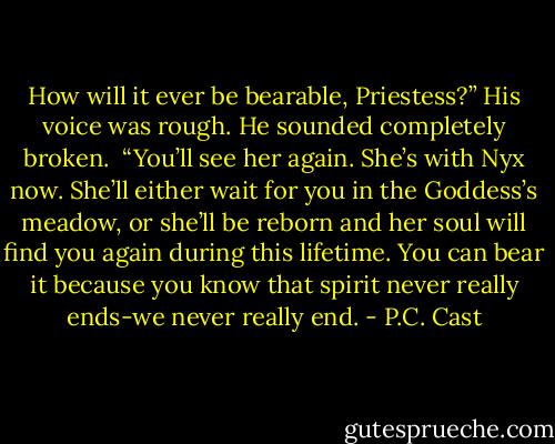 How will it ever be bearable, Priestess?” His voice was rough. He sounded completely broken.<br /><br />“You’ll see her again. She’s with Nyx now. She’ll either wait for you in the Goddess’s meadow, or she’ll be reborn and her soul will find you again during this lifetime. You can bear it because you know that spirit never really ends-we never really end. - P.C. Cast