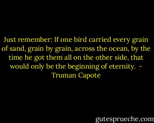 Just remember: If one bird carried every grain of sand, grain by grain, across the ocean, by the time he got them all on the other side, that would only be the beginning of eternity.  - Truman Capote