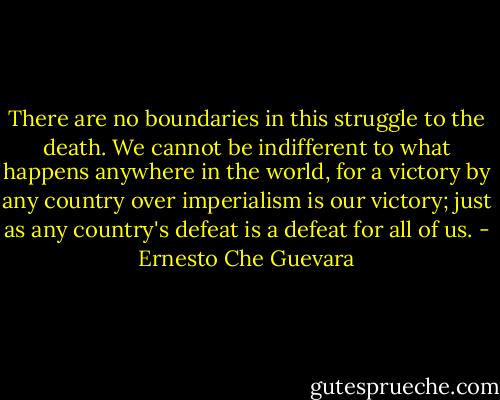 There are no boundaries in this struggle to the death. We cannot be indifferent to what happens anywhere in the world, for a victory by any country over imperialism is our victory; just as any country's defeat is a defeat for all of us. - Ernesto Che Guevara