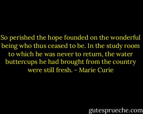 So perished the hope founded on the wonderful being who thus ceased to be. In the study room to which he was never to return, the water buttercups he had brought from the country were still fresh. - Marie Curie