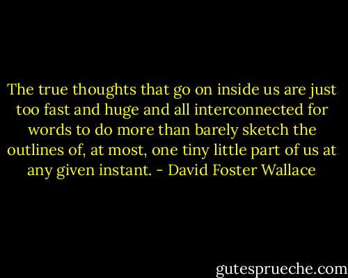 The true thoughts that go on inside us are just too fast and huge and all interconnected for words to do more than barely sketch the outlines of, at most, one tiny little part of us at any given instant. - David Foster Wallace