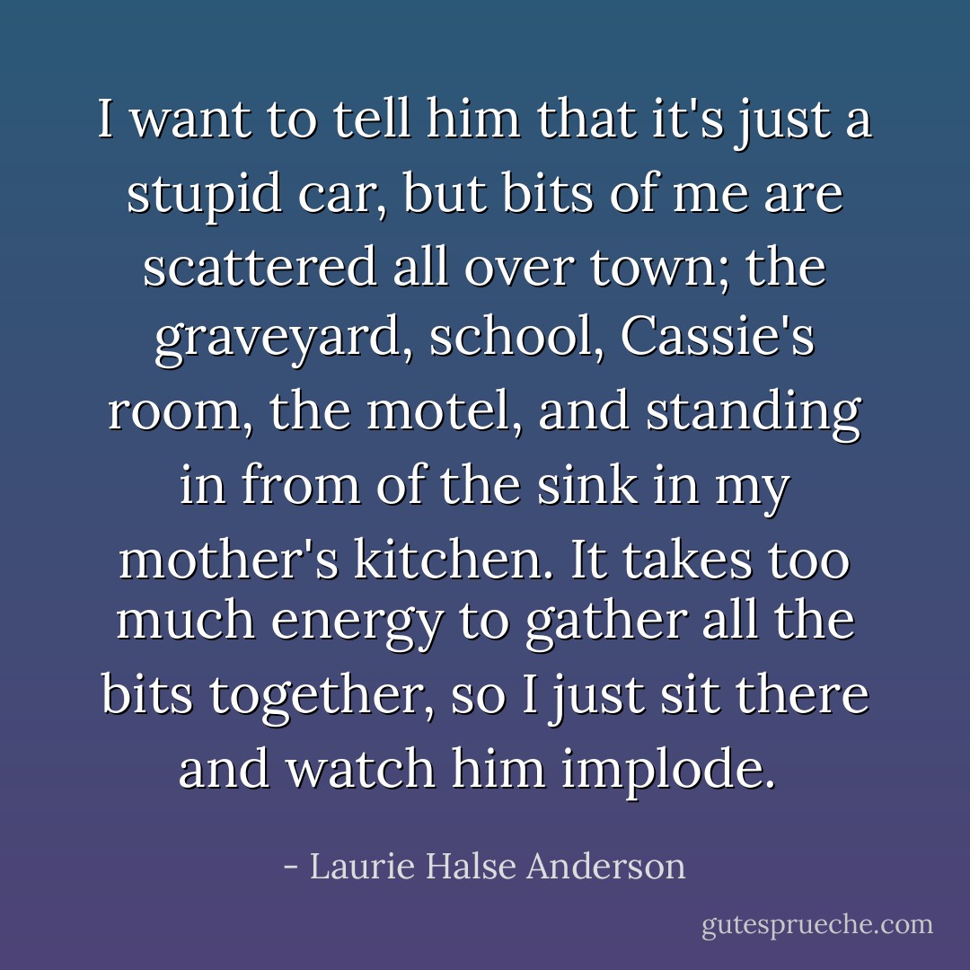 I want to tell him that it's just a stupid car, but bits of me are scattered all over town; the graveyard, school, Cassie's room, the motel, and standing in from of the sink in my mother's kitchen. It takes too much energy to gather all the bits together, so I just sit there and watch him implode.  - Laurie Halse Anderson