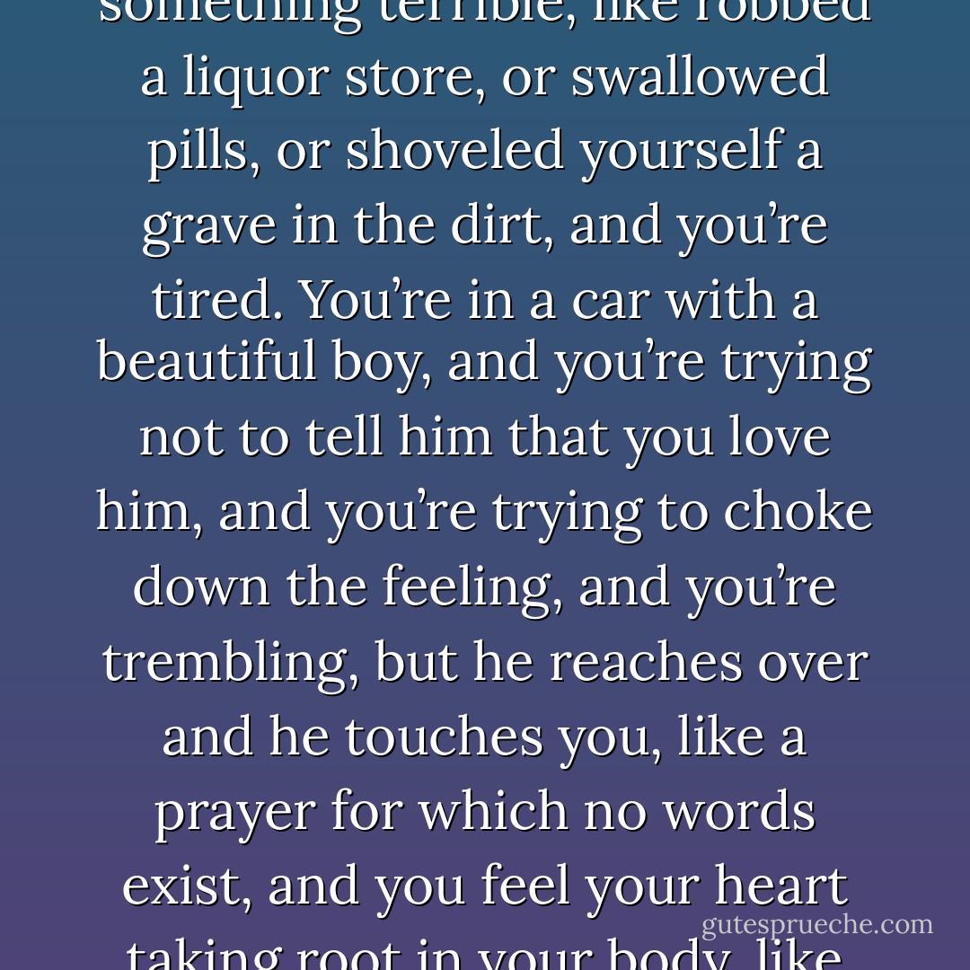 You’re in a car with a beautiful boy, and he won’t tell you that he loves you, but he loves you. And you feel like you’ve done something terrible, like robbed a liquor store, or swallowed pills, or shoveled yourself a grave in the dirt, and you’re tired. You’re in a car with a beautiful boy, and you’re trying not to tell him that you love him, and you’re trying to choke down the feeling, and you’re trembling, but he reaches over and he touches you, like a prayer for which no words exist, and you feel your heart taking root in your body, like you’ve discovered something you didn’t even have a name for. - Richard Siken