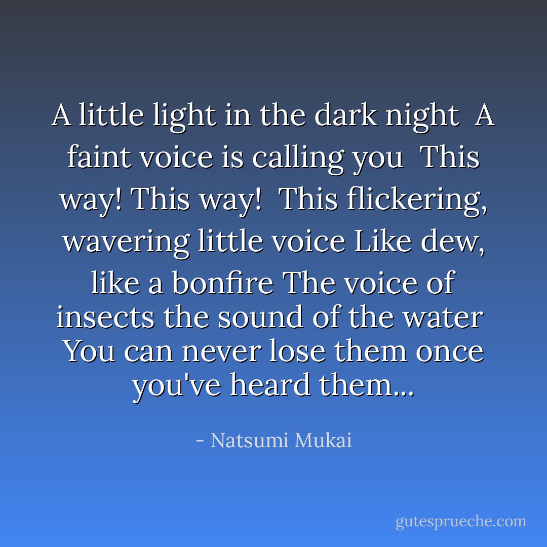A little light in the dark night <br />A faint voice is calling you <br />This way! This way! <br />This flickering, wavering little voice<br />Like dew, like a bonfire<br />The voice of insects<br />the sound of the water <br />You can never lose them<br />once you've heard them... - Natsumi Mukai