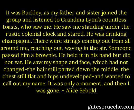 It was Buckley, as my father and sister joined the group and listened to Grandma Lynn’s countless toasts, who saw me. He saw me standing under the rustic colonial clock and stared. He was drinking champagne. There were strings coming out from all around me, reaching out, waving in the air. Someone passed him a brownie. He held it in his hand but did not eat. He saw my shape and face, which had not changed-the hair still parted down the middle, the chest still flat and hips undeveloped-and wanted to call out my name. It was only a moment, and then I was gone. - Alice Sebold