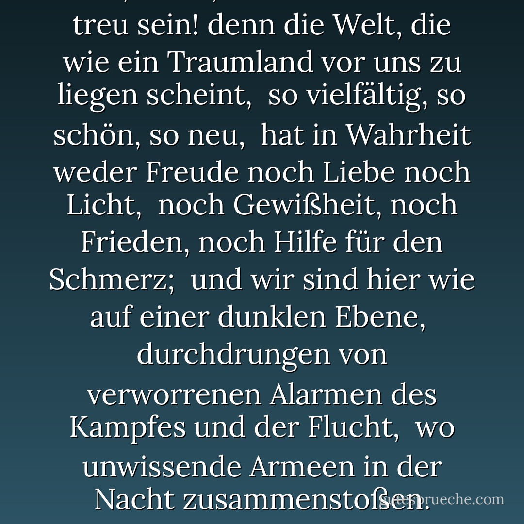 Ach, Liebe, laß uns einander treu sein! denn die Welt, die wie ein Traumland vor uns zu liegen scheint, <br />so vielfältig, so schön, so neu, <br />hat in Wahrheit weder Freude noch Liebe noch Licht, <br />noch Gewißheit, noch Frieden, noch Hilfe für den Schmerz; <br />und wir sind hier wie auf einer dunklen Ebene, <br />durchdrungen von verworrenen Alarmen des Kampfes und der Flucht, <br />wo unwissende Armeen in der Nacht zusammenstoßen. - Matthew Arnold<