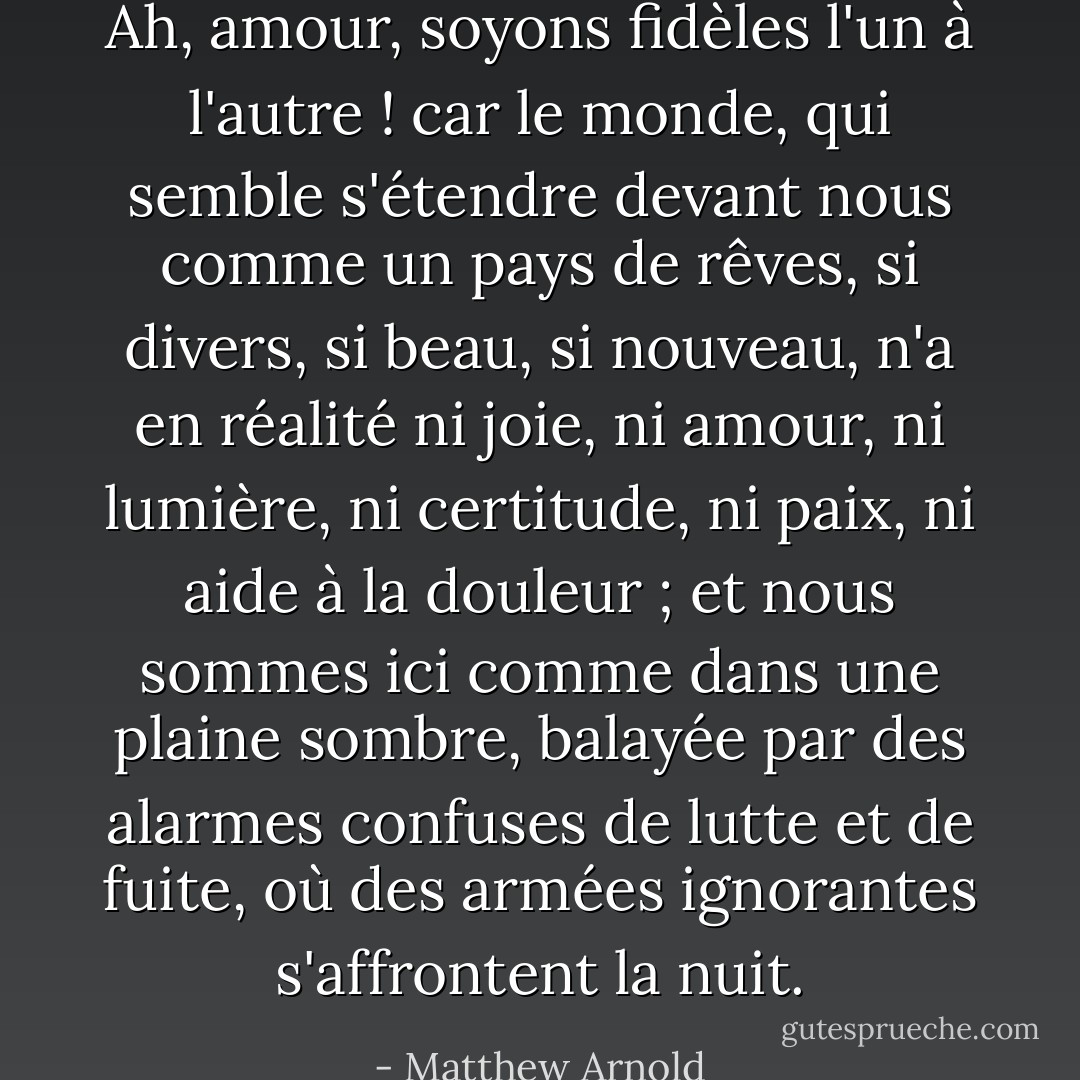 Ah, amour, soyons fidèles l'un à l'autre ! car le monde, qui semble s'étendre devant nous comme un pays de rêves, si divers, si beau, si nouveau, n'a en réalité ni joie, ni amour, ni lumière, ni certitude, ni paix, ni aide à la douleur ; et nous sommes ici comme dans une plaine sombre, balayée par des alarmes confuses de lutte et de fuite, où des armées ignorantes s'affrontent la nuit. - Matthew Arnold