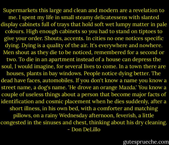 Supermarkets this large and clean and modern are a revelation to me. I spent my life in small steamy delicatessens with slanted display cabinets full of trays that hold soft wet lumpy matter in pale colours. High enough cabinets so you had to stand on tiptoes to give your order. Shouts, accents. In cities no one notices specific dying. Dying is a quality of the air. It's everywhere and nowhere. Men shout as they die to be noticed, remembered for a second or two. To die in an apartment instead of a house can depress the soul, I would imagine, for several lives to come. In a town there are houses, plants in bay windows. People notice dying better. The dead have faces, automobiles. If you don't know a name you know a street name, a dog's name. 'He drove an orange Mazda.' You know a couple of useless things about a person that become major facts of identification and cosmic placement when he dies suddenly, after a short illness, in his own bed, with a comforter and matching pillows, on a rainy Wednesday afternoon, feverish, a little congested in the sinuses and chest, thinking about his dry cleaning. - Don DeLillo