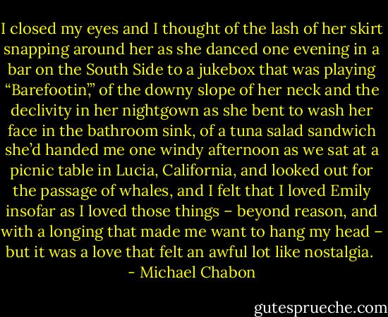 I closed my eyes and I thought of the lash of her skirt snapping around her as she danced one evening in a bar on the South Side to a jukebox that was playing “Barefootin’,” of the downy slope of her neck and the declivity in her nightgown as she bent to wash her face in the bathroom sink, of a tuna salad sandwich she’d handed me one windy afternoon as we sat at a picnic table in Lucia, California, and looked out for the passage of whales, and I felt that I loved Emily insofar as I loved those things – beyond reason, and with a longing that made me want to hang my head – but it was a love that felt an awful lot like nostalgia.  - Michael Chabon
