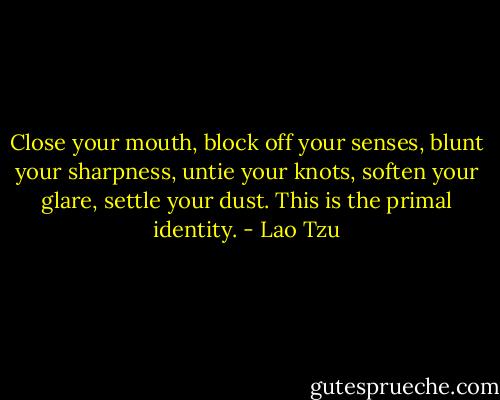 Close your mouth,<br />block off your senses,<br />blunt your sharpness,<br />untie your knots,<br />soften your glare,<br />settle your dust.<br />This is the primal identity. - Lao Tzu