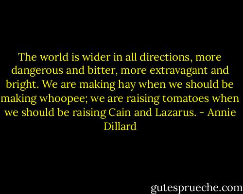 The world is wider in all directions, more dangerous and bitter, more extravagant and bright. We are making hay when we should be making whoopee; we are raising tomatoes when we should be raising Cain and Lazarus. - Annie Dillard