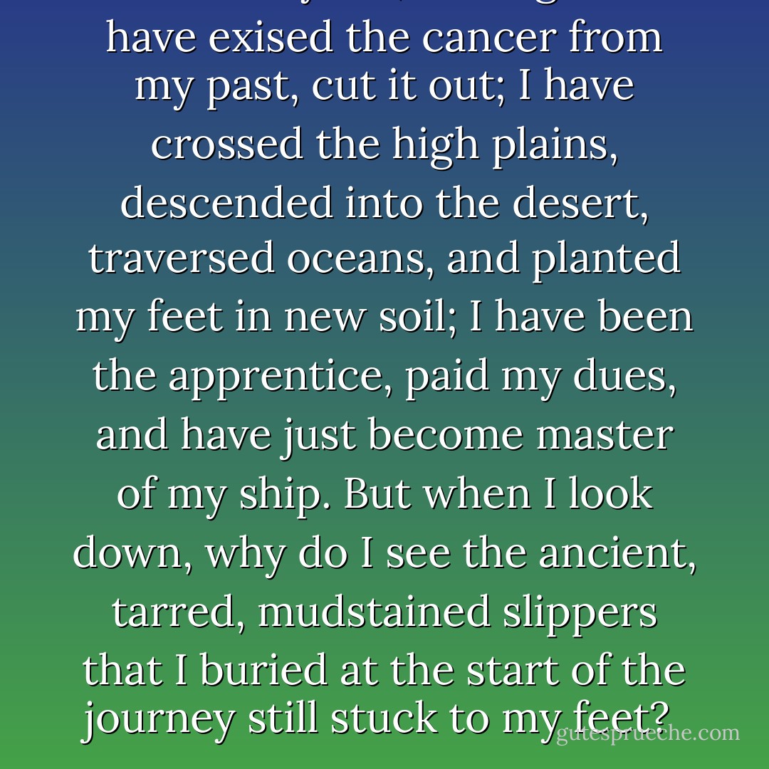 This is my life, I thought...I have exised the cancer from my past, cut it out; I have crossed the high plains, descended into the desert, traversed oceans, and planted my feet in new soil; I have been the apprentice, paid my dues, and have just become master of my ship. But when I look down, why do I see the ancient, tarred, mudstained slippers that I buried at the start of the journey still stuck to my feet?  - Abraham   Verghese