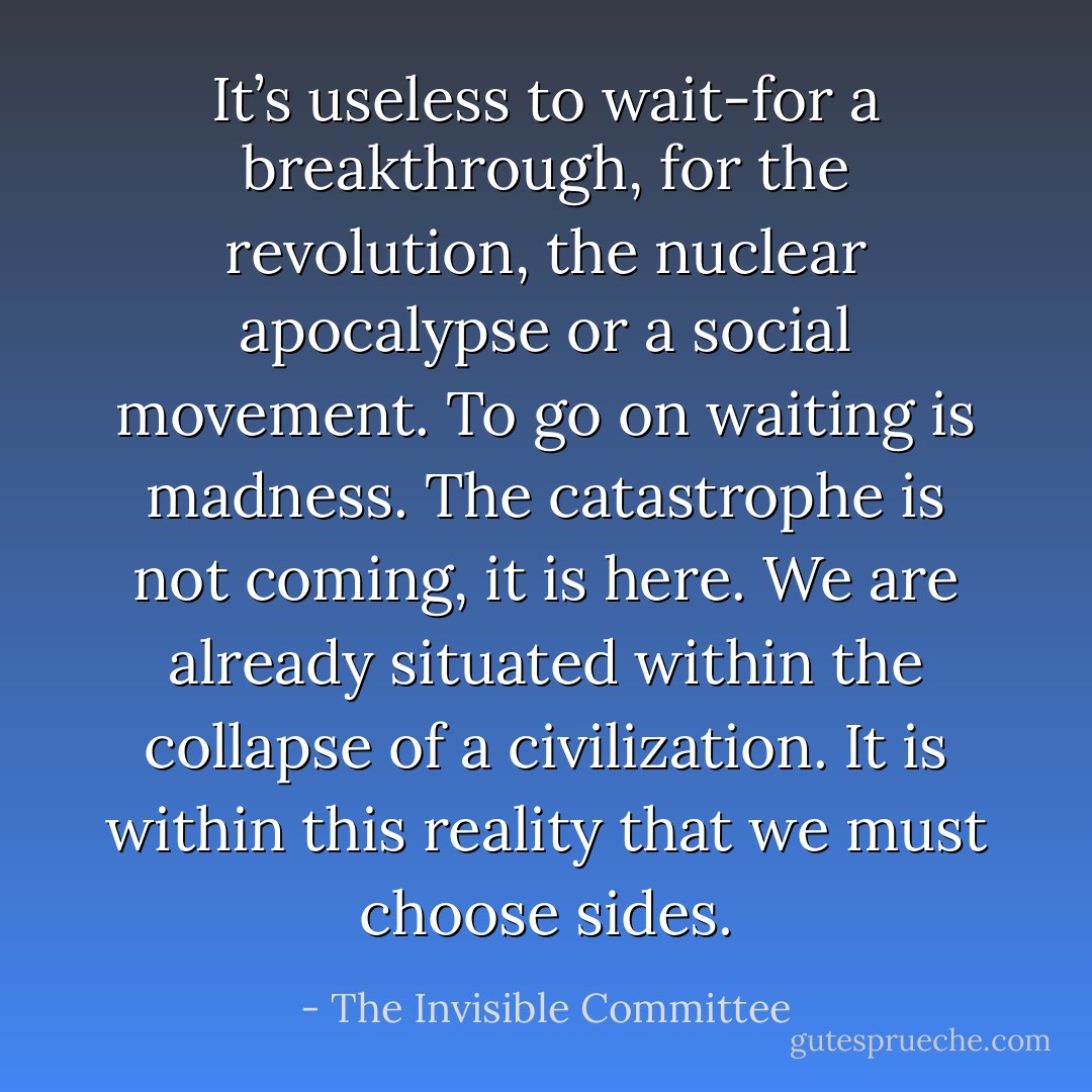 It’s useless to wait-for a breakthrough, for the revolution, the nuclear apocalypse or a social movement. To go on waiting is madness. The catastrophe is not coming, it is here. We are already situated within the collapse of a civilization. It is within this reality that we must choose sides. - The Invisible Committee