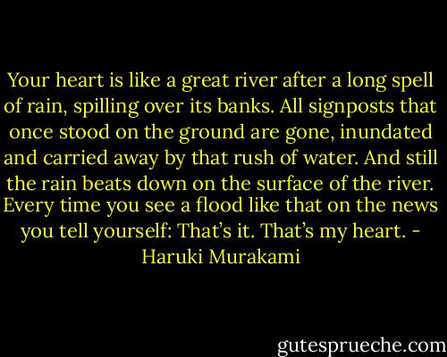 Your heart is like a great river after a long spell of rain, spilling over its banks. All signposts that once stood on the ground are gone, inundated and carried away by that rush of water. And still the rain beats down on the surface of the river. Every time you see a flood like that on the news you tell yourself: That’s it. That’s my heart. - Haruki Murakami