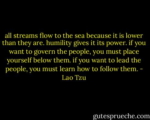 all streams flow to the sea because it is lower than they are. humility gives it its power. if you want to govern the people, you must place yourself below them. if you want to lead the people, you must learn how to follow them. - Lao Tzu