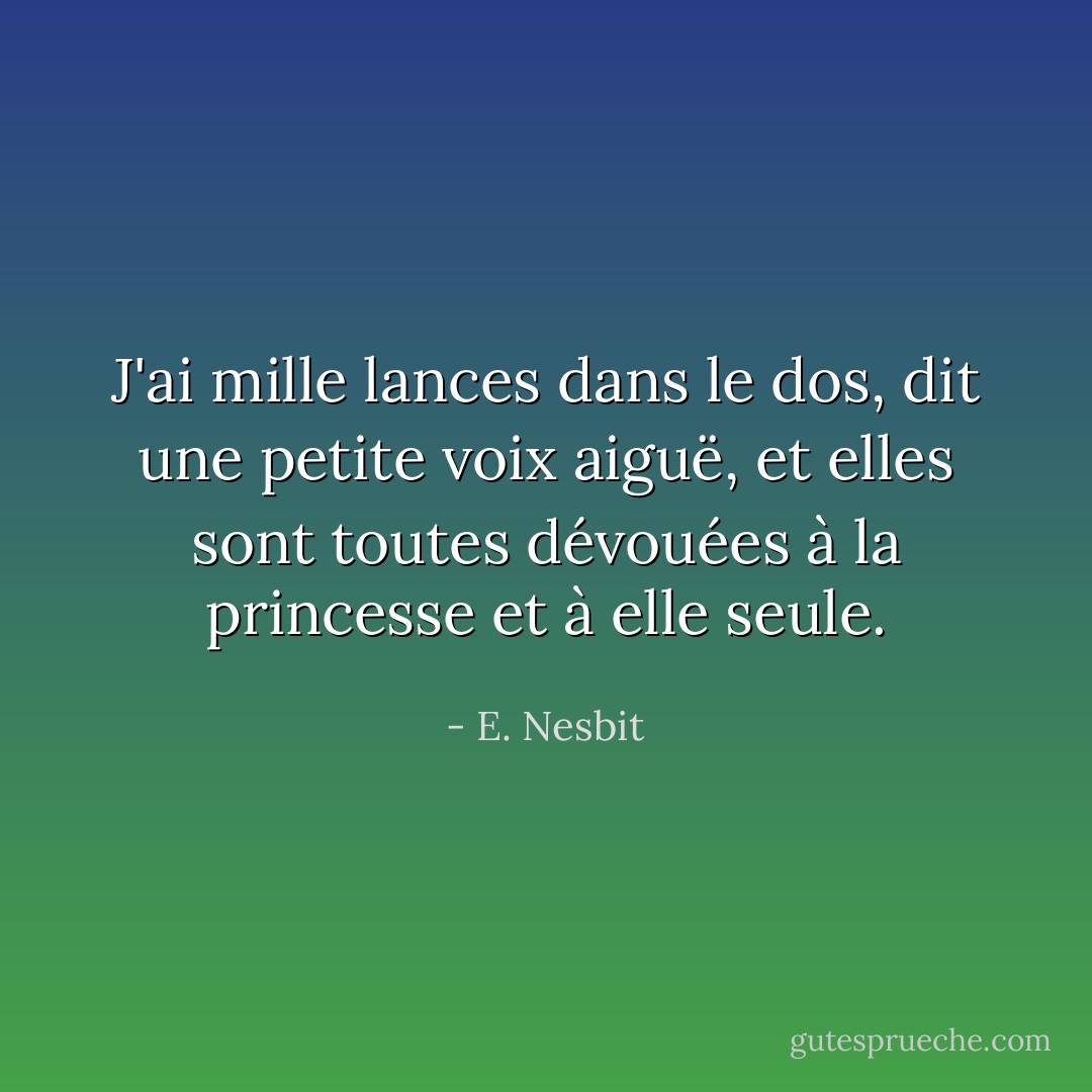 J'ai mille lances dans le dos, dit une petite voix aiguë, et elles sont toutes dévouées à la princesse et à elle seule. - E. Nesbit