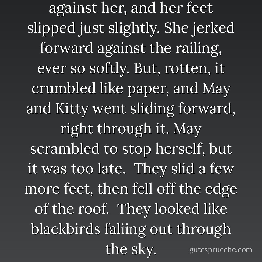  And then a strong gust blew against her, and her feet slipped just slightly. She jerked forward against the railing, ever so softly. But, rotten, it crumbled like paper, and May and Kitty went sliding forward, right through it. May scrambled to stop herself, but it was too late.<br /> They slid a few more feet, then fell off the edge of the roof.<br /> They looked like blackbirds faliing out through the sky. - Jodi Lynn Anderson