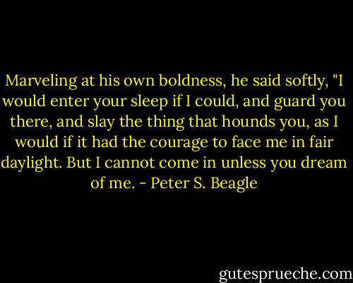 Marveling at his own boldness, he said softly, "I would enter your sleep if I could, and guard you there, and slay the thing that hounds you, as I would if it had the courage to face me in fair daylight. But I cannot come in unless you dream of me. - Peter S. Beagle