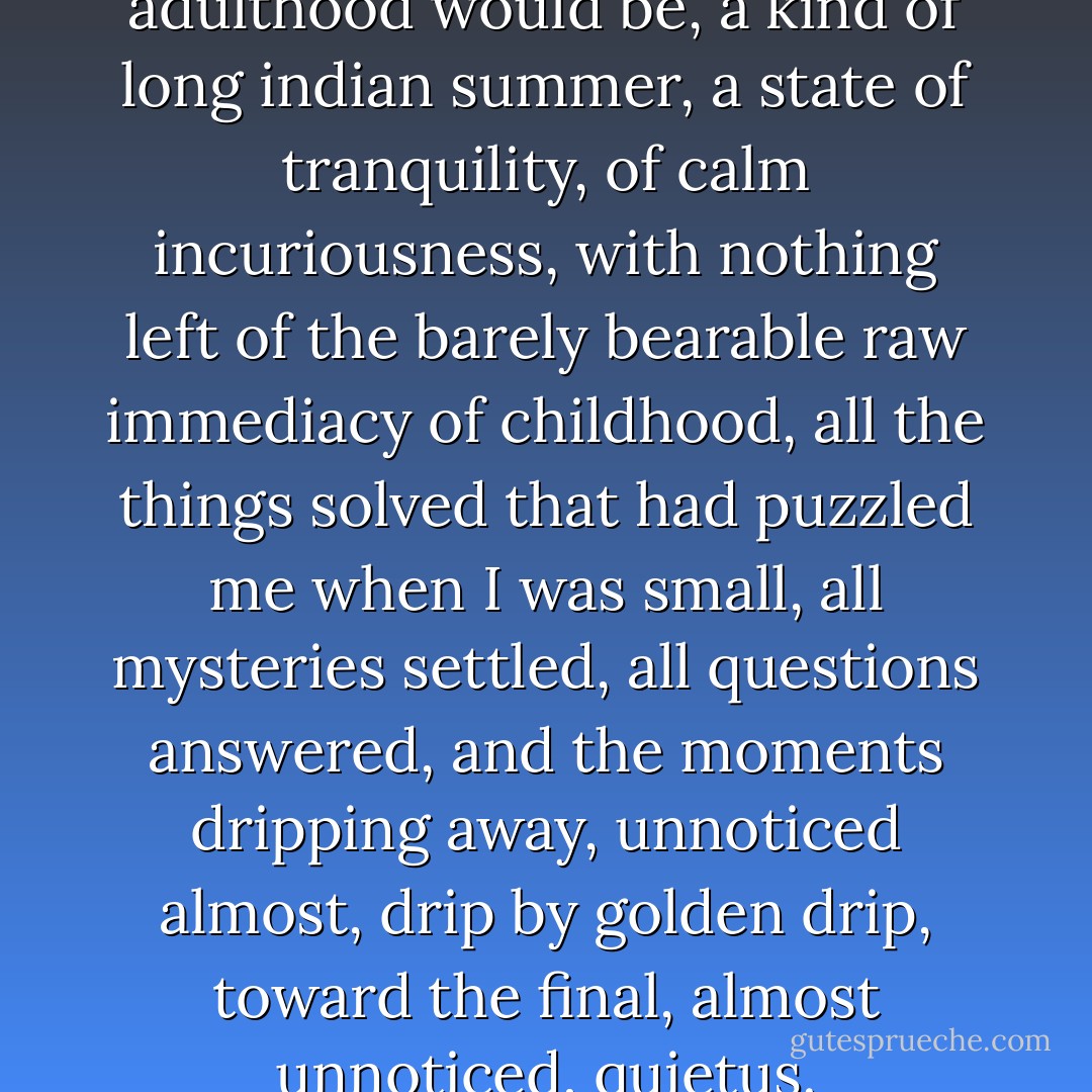 Yes, this is what I thought adulthood would be, a kind of long indian summer, a state of tranquility, of calm incuriousness, with nothing left of the barely bearable raw immediacy of childhood, all the things solved that had puzzled me when I was small, all mysteries settled, all questions answered, and the moments dripping away, unnoticed almost, drip by golden drip, toward the final, almost unnoticed, quietus. - John Banville