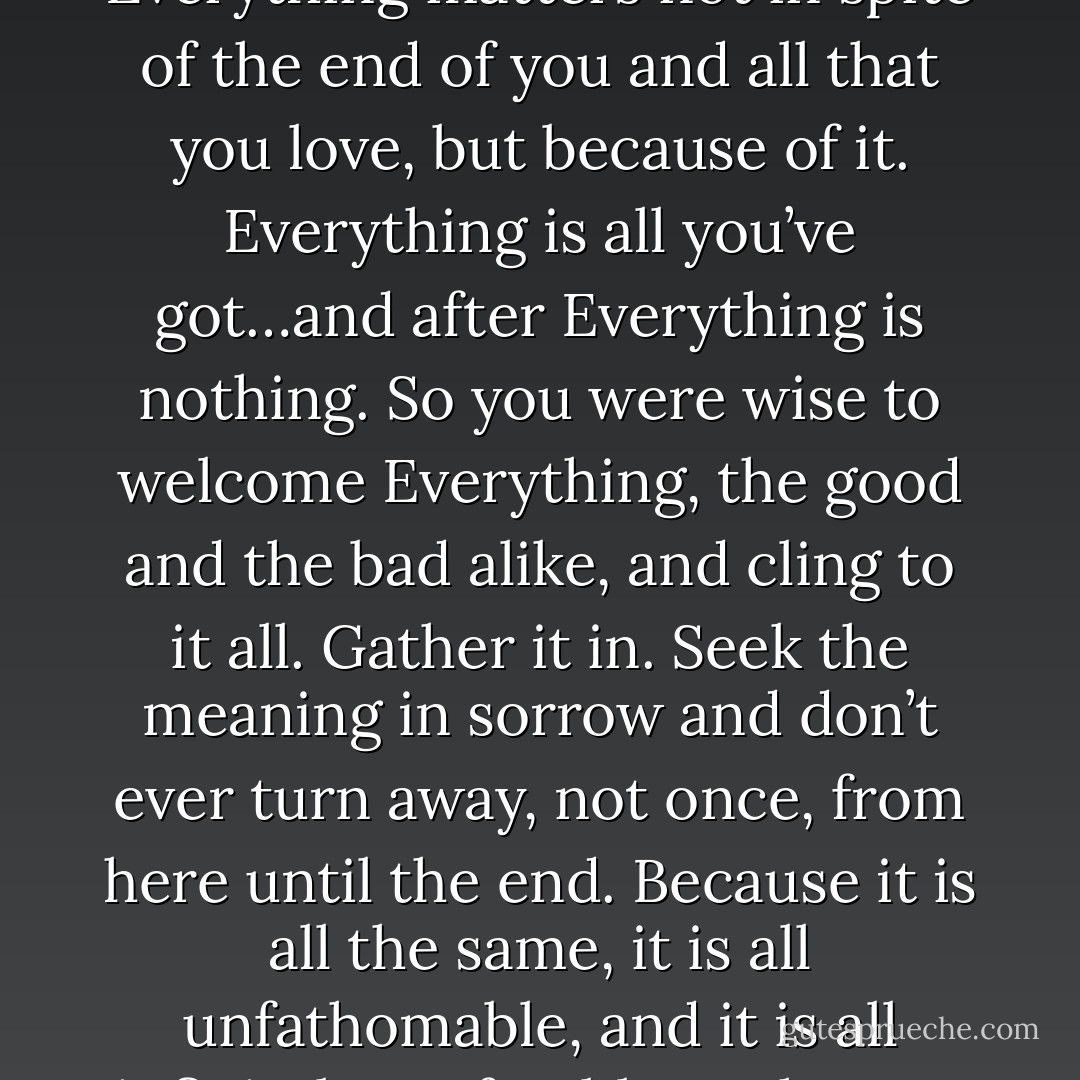 Everything ends, and Everything matters. <br /><br />Everything matters not in spite of the end of you and all that you love, but because of it. Everything is all you’ve got…and after Everything is nothing. So you were wise to welcome Everything, the good and the bad alike, and cling to it all. Gather it in. Seek the meaning in sorrow and don’t ever turn away, not once, from here until the end. Because it is all the same, it is all unfathomable, and it is all infinitely preferable to the one dreadful alternative. - Ron Currie Jr.