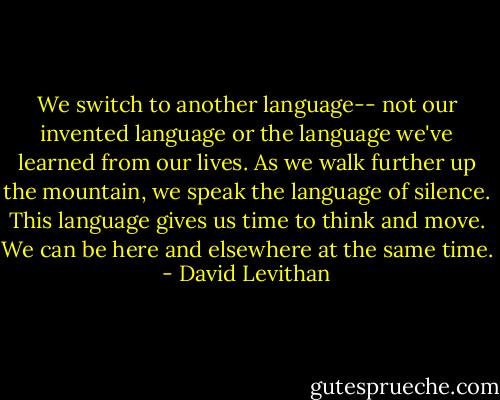 We switch to another language-- not our invented language or the language we've learned from our lives. As we walk further up the mountain, we speak the language of silence. This language gives us time to think and move. We can be here and elsewhere at the same time. - David Levithan