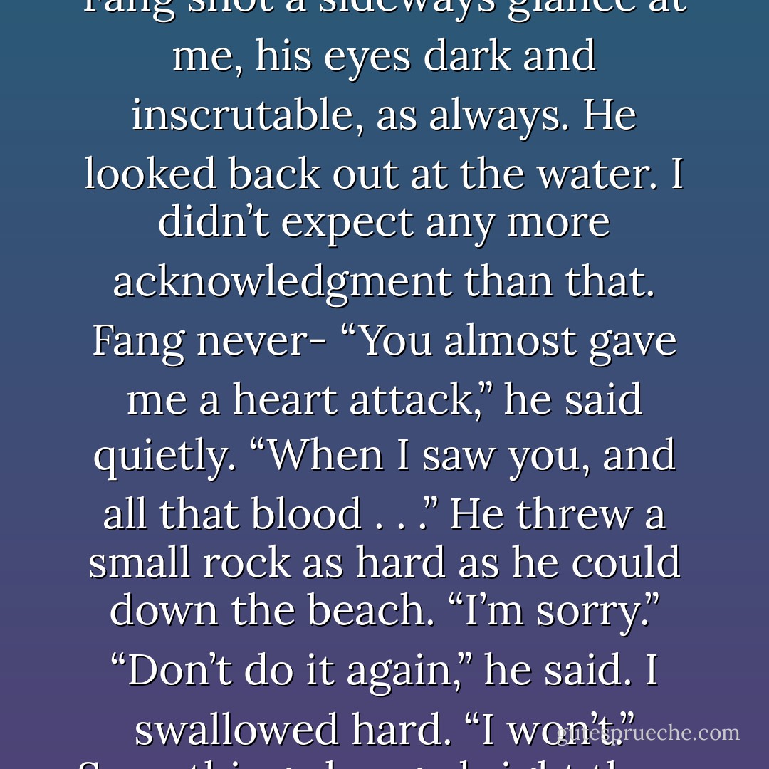 There was something I needed to say. “Sorry. About before.”<br />Fang shot a sideways glance at me, his eyes dark and inscrutable, as always. He looked back out at the water. I didn’t expect any more acknowledgment than that. Fang never-<br />“You almost gave me a heart attack,” he said quietly. “When I saw you, and all that blood . . .” He threw a small rock as hard as he could down the beach.<br />“I’m sorry.”<br />“Don’t do it again,” he said.<br />I swallowed hard. “I won’t.”<br />Something changed right then, but I didn’t know what. - James Patterson