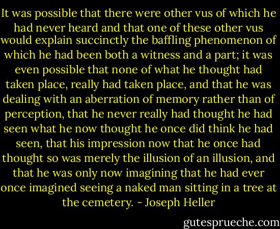 It was possible that there were other vus of which he had never heard and that one of these other vus would explain succinctly the baffling phenomenon of which he had been both a witness and a part; it was even possible that none of what he thought had taken place, really had taken place, and that he was dealing with an aberration of memory rather than of perception, that he never really had thought he had seen what he now thought he once did think he had seen, that his impression now that he once had thought so was merely the illusion of an illusion, and that he was only now imagining that he had ever once imagined seeing a naked man sitting in a tree at the cemetery. - Joseph Heller