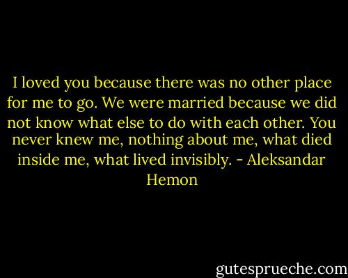 I loved you because there was no other place for me to go. We were married because we did not know what else to do with each other. You never knew me, nothing about me, what died inside me, what lived invisibly. - Aleksandar Hemon