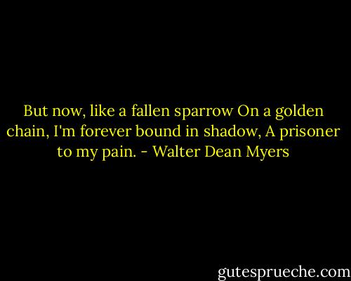 But now, like a fallen sparrow<br />On a golden chain,<br />I'm forever bound in shadow,<br />A prisoner to my pain. - Walter Dean Myers