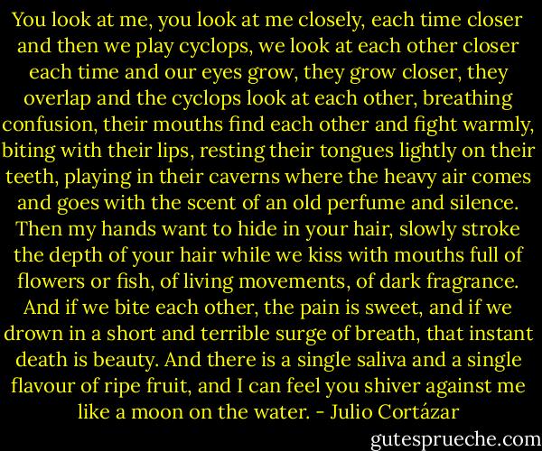 You look at me, you look at me closely, each time closer and then we play cyclops, we look at each other closer each time and our eyes grow, they grow closer, they overlap and the cyclops look at each other, breathing confusion, their mouths find each other and fight warmly, biting with their lips, resting their tongues lightly on their teeth, playing in their caverns where the heavy air comes and goes with the scent of an old perfume and silence. Then my hands want to hide in your hair, slowly stroke the depth of your hair while we kiss with mouths full of flowers or fish, of living movements, of dark fragrance. And if we bite each other, the pain is sweet, and if we drown in a short and terrible surge of breath, that instant death is beauty. And there is a single saliva and a single flavour of ripe fruit, and I can feel you shiver against me like a moon on the water. - Julio Cortázar