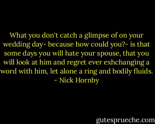 What you don't catch a glimpse of on your wedding day- because how could you?- is that some days you will hate your spouse, that you will look at him and regret ever exhchanging a word with him, let alone a ring and bodily fluids. - Nick Hornby