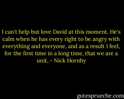 I can't help but love David at this moment. He's calm when he has every right to be angry with everything and everyone, and as a result I feel, for the first time in a long time, that we are a unit, - Nick Hornby