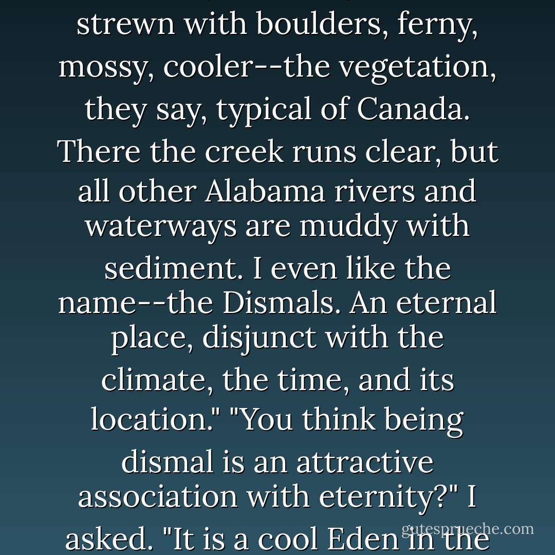 What, in nature," Kit asked, "is the most beautiful thing you've seen? Or the most terrible?"<br />"The Dismals," Giles answered promptly. "A beautiful aberration in the lay of the land--North Alabama. A section mysteriously lowered, strewn with boulders, ferny, mossy, cooler--the vegetation, they say, typical of Canada. There the creek runs clear, but all other Alabama rivers and waterways are muddy with sediment. I even like the name--the Dismals. An eternal place, disjunct with the climate, the time, and its location."<br />"You think being dismal is an attractive association with eternity?" I asked.<br />"It is a cool Eden in the Southern summer heat. What's yours, Una?"<br />"The Kentucky hills in spring. Layers of pink and white--redbud and dogwood."<br />"And you?" Giles asked Kit.<br />"Stars," he said. That was all. - Sena Jeter Naslund