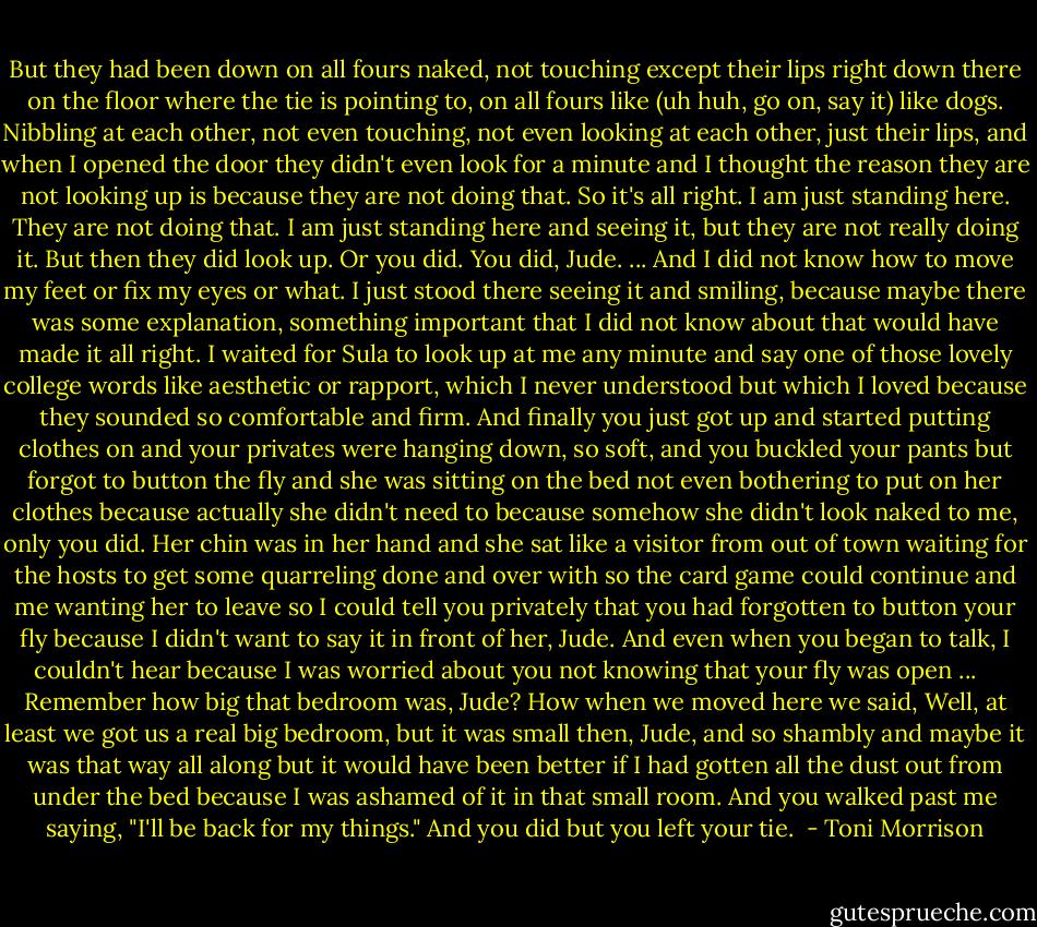 But they had been down on all fours naked, not touching except their lips right down there on the floor where the tie is pointing to, on all fours like (uh huh, go on, say it) like dogs. Nibbling at each other, not even touching, not even looking at each other, just their lips, and when I opened the door they didn't even look for a minute and I thought the reason they are not looking up is because they are not doing that. So it's all right. I am just standing here. They are not doing that. I am just standing here and seeing it, but they are not really doing it. But then they did look up. Or you did. You did, Jude. ... And I did not know how to move my feet or fix my eyes or what. I just stood there seeing it and smiling, because maybe there was some explanation, something important that I did not know about that would have made it all right. I waited for Sula to look up at me any minute and say one of those lovely college words like aesthetic or rapport, which I never understood but which I loved because they sounded so comfortable and firm. And finally you just got up and started putting clothes on and your privates were hanging down, so soft, and you buckled your pants but forgot to button the fly and she was sitting on the bed not even bothering to put on her clothes because actually she didn't need to because somehow she didn't look naked to me, only you did. Her chin was in her hand and she sat like a visitor from out of town waiting for the hosts to get some quarreling done and over with so the card game could continue and me wanting her to leave so I could tell you privately that you had forgotten to button your fly because I didn't want to say it in front of her, Jude. And even when you began to talk, I couldn't hear because I was worried about you not knowing that your fly was open ... <br /><br /> Remember how big that bedroom was, Jude? How when we moved here we said, Well, at least we got us a real big bedroom, but it was small then, Jude, and so shambly and maybe it was that way all along but it would have been better if I had gotten all the dust out from under the bed because I was ashamed of it in that small room. And you walked past me saying, "I'll be back for my things." And you did but you left your tie.  - Toni Morrison