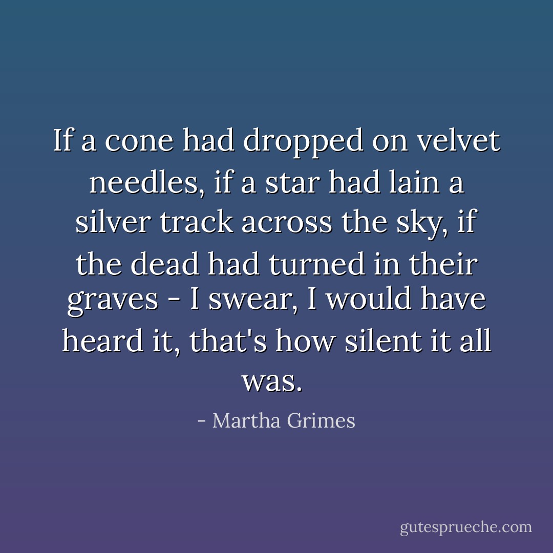 If a cone had dropped on velvet needles, if a star had lain a silver track across the sky, if the dead had turned in their graves - I swear, I would have heard it, that's how silent it all was.  - Martha Grimes